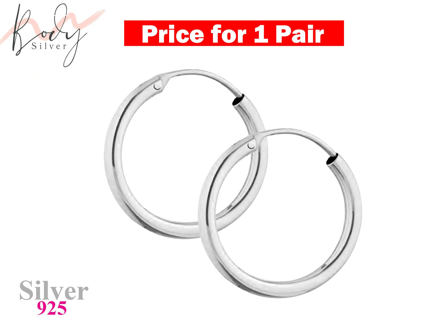 Silver Hoop Earrings, Huggie Earrings - 1 Pair (2pcs) Unisex Sleeper Hoops Size 8mm to 60mm - Lightweight Round Earrings