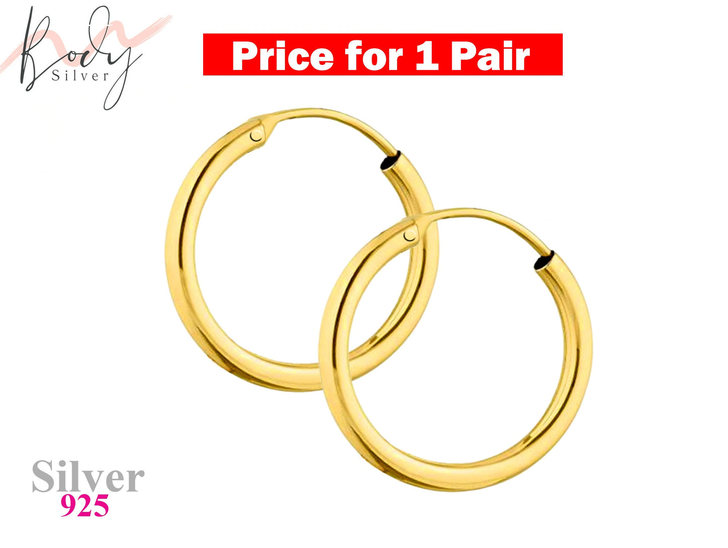 Silver Hoop Earrings, Huggie Earrings - 1 Pair (2pcs) Unisex Sleeper Hoops Size 8mm to 60mm - Lightweight Round Earrings