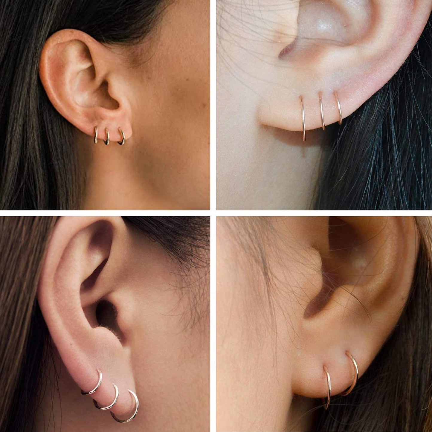 Silver Hoop Earrings - 3 Pairs Unisex Sleeper Hoops for Nose Ring Helix Ring Daith Ring Rook Ring - Available in Gold and Rose Gold