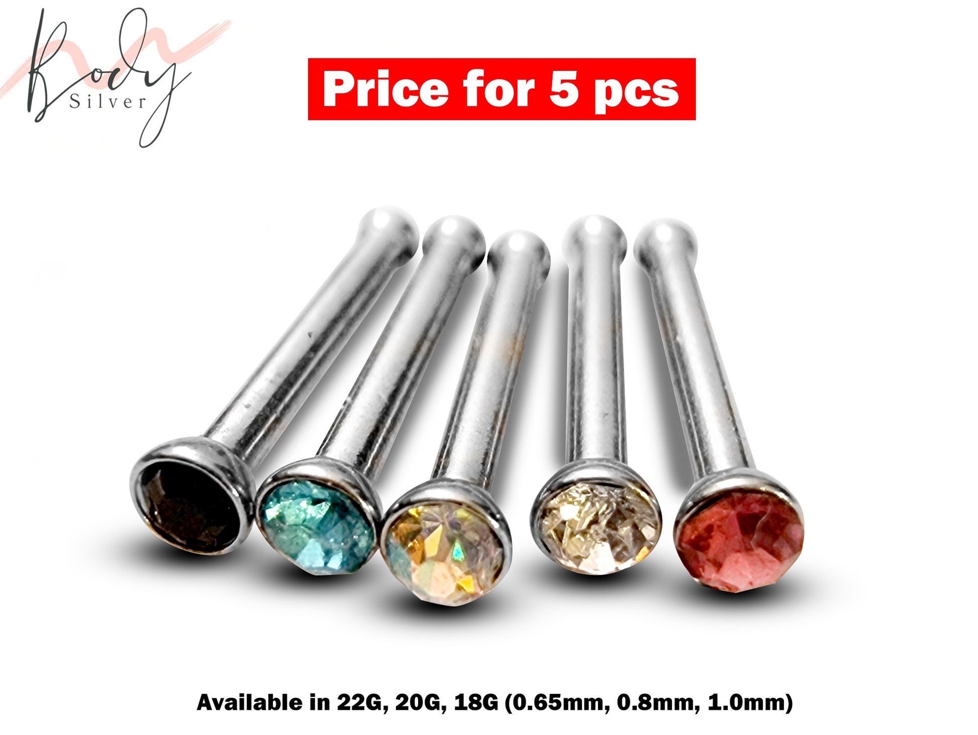 Nose Pin Piercing, Nose Bone Stud - 5 Pieces and 5 Color Nostril Studs with CZ Crystals - 22g, 20g, 18g Body Piercing Nose Jewelry, Nose Pin