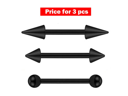 Barbell Stud, Industrial Piercing- 3 Pieces Straight Barbell - Ball / Cone / Spike - Body Piercing for Ear, Tongue piercing, Nipple