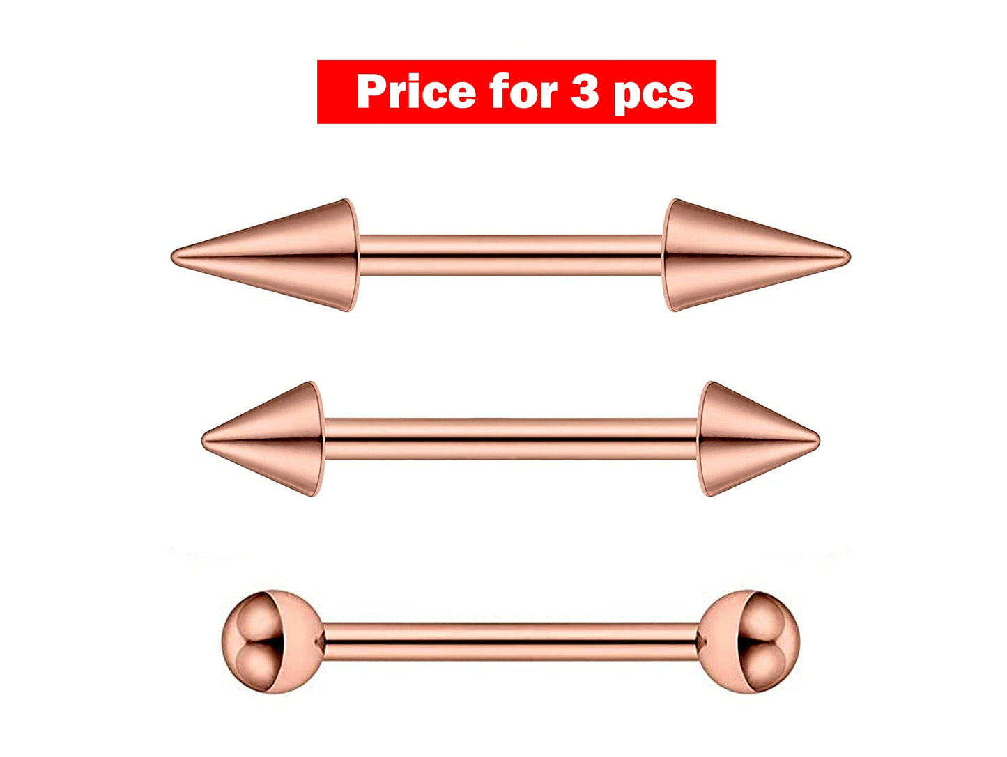 Barbell Stud, Industrial Piercing- 3 Pieces Straight Barbell - Ball / Cone / Spike - Body Piercing for Ear, Tongue piercing, Nipple