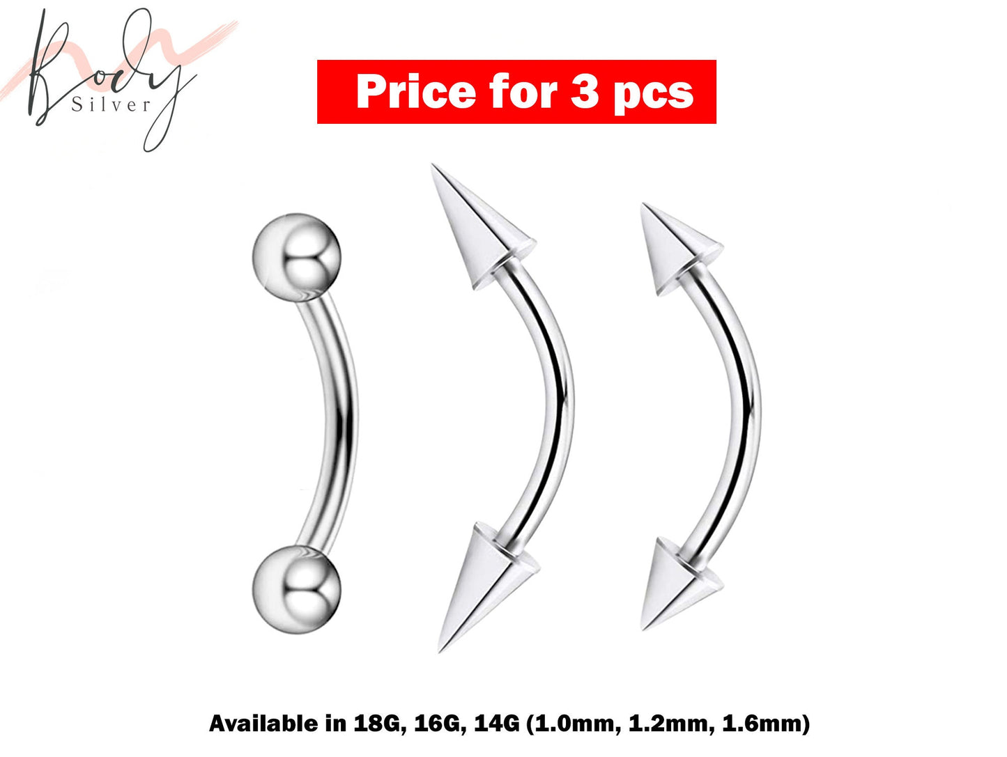 Eyebrow Piercing, Eyebrow Ring - 3 Pieces Bent Barbell - Ball / Cone / Spike - Body Piercing for Ear, Dainty piercing, Lip Piercing