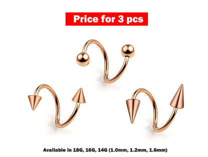 Spiral Barbell, Lip Ring - 3 Pieces Twisted Barbell - Ball / Cone / Spike - Body Piercing for Ear, Dainty piercing, Eyebrow Piercing