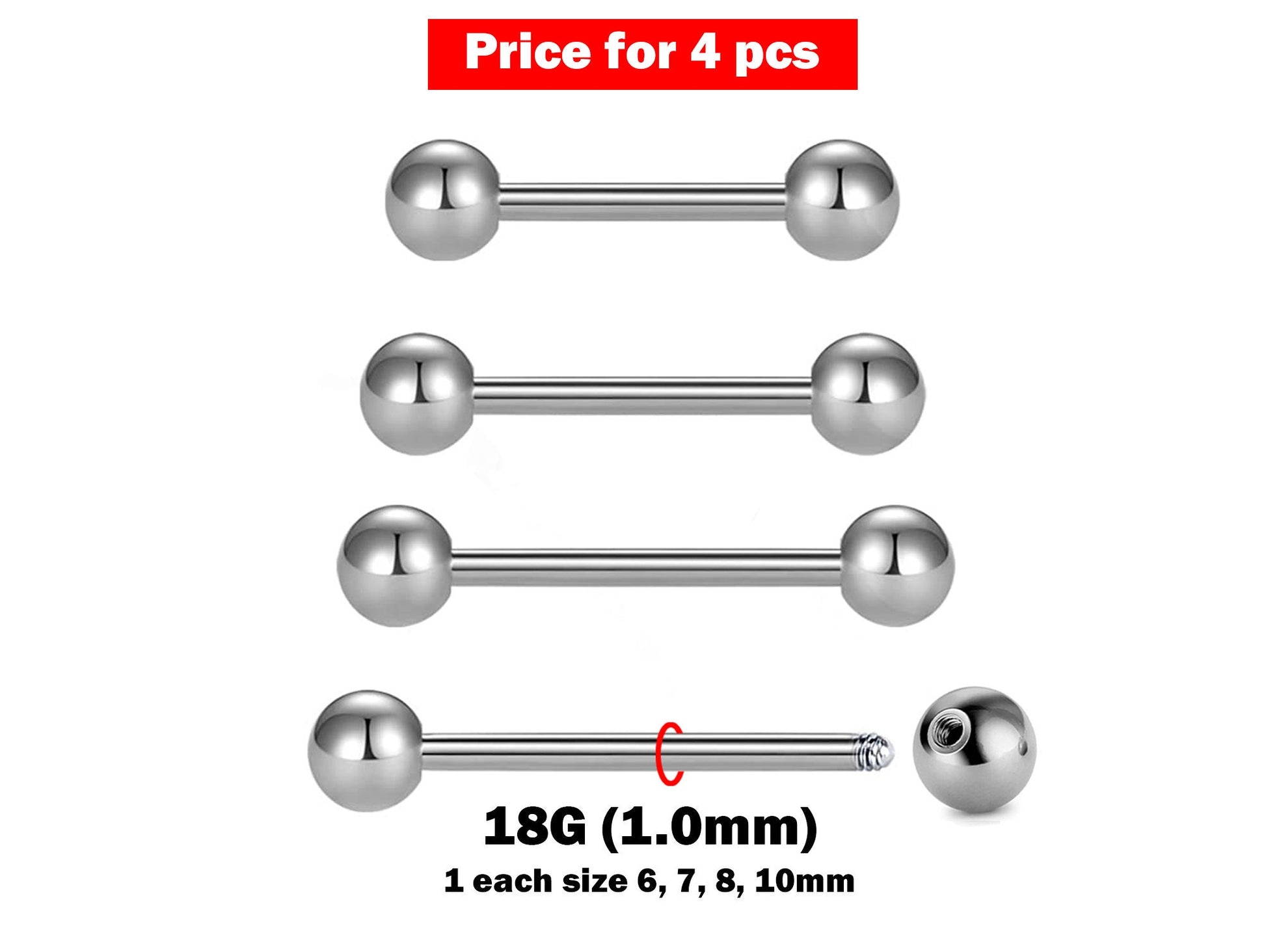 Barbell Stud, 18g Barbell Piercing - 4 Pieces Tongue Piercing - You will get 1 each Size. Body Jewelry Barbells, Daith, Tragus, Helix