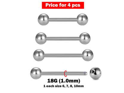 Barbell Stud, 18g Barbell Piercing - 4 Pieces Tongue Piercing - You will get 1 each Size. Body Jewelry Barbells, Daith, Tragus, Helix