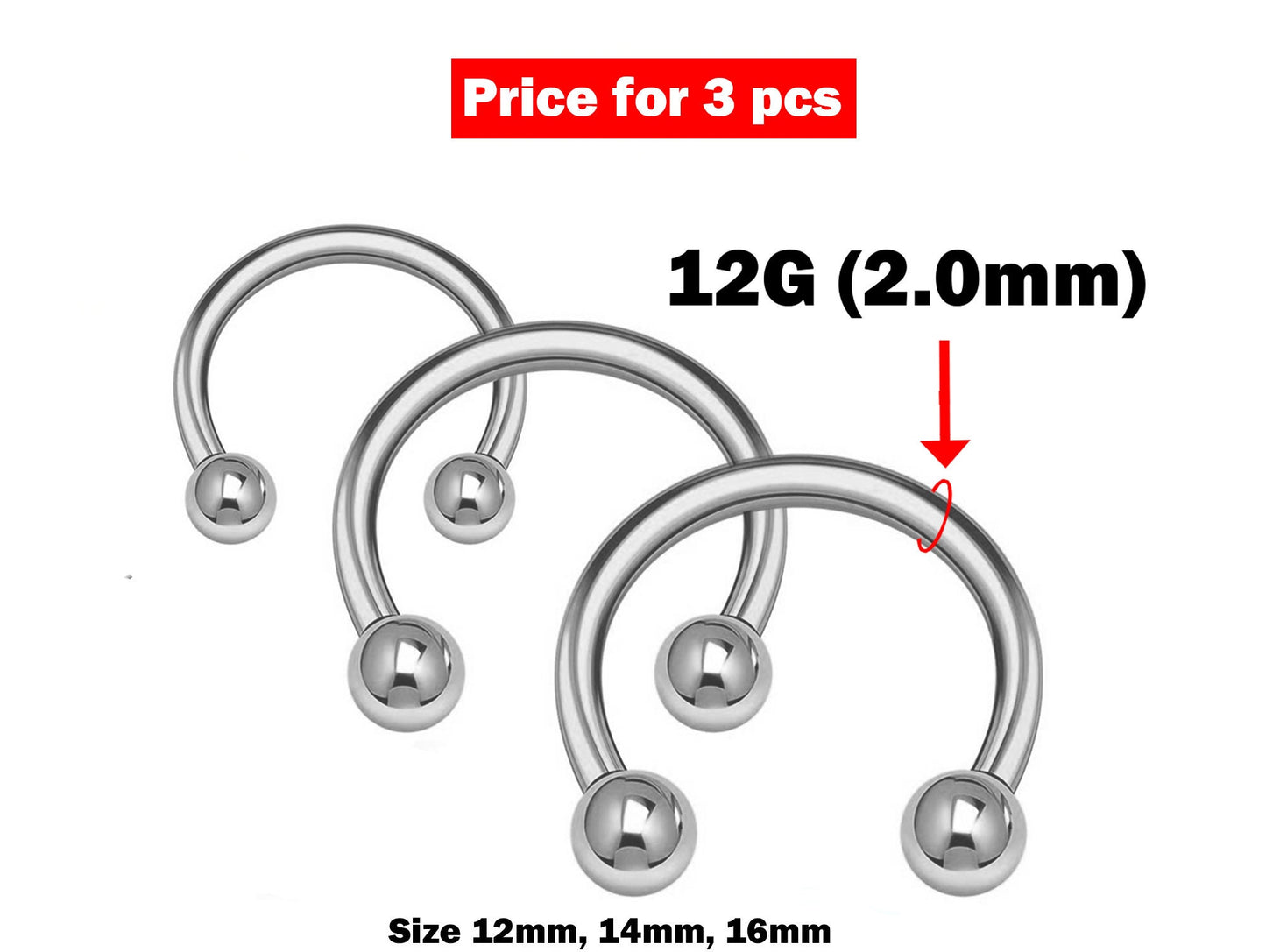 Circular Barbell, Septum Ring- 12g Nose Ring 3pcs Size 12, 14, 16mm - Horseshoe Piercing for Tragus Helix Eyebrow ,Nipple Ear Piercings