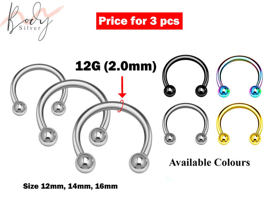 Circular Barbell, Septum Ring- 12g Nose Ring 3pcs Size 12, 14, 16mm - Horseshoe Piercing for Tragus Helix Eyebrow ,Nipple Ear Piercings