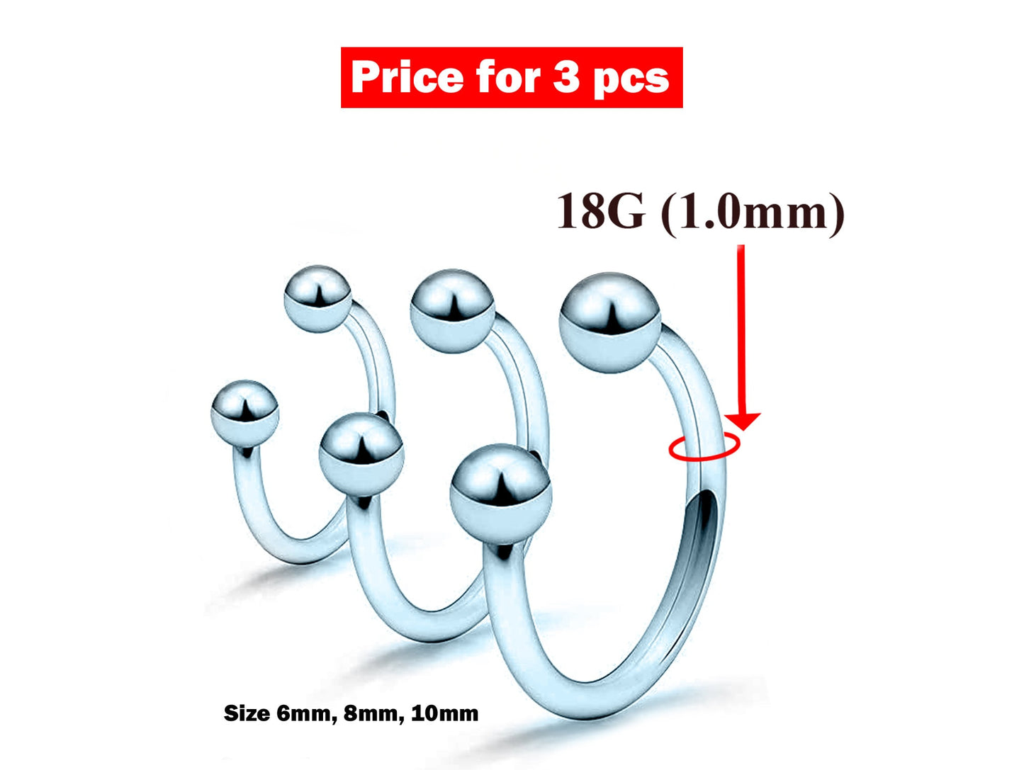 Septum Ring, Horseshoe Barbell- 18g Nose Ring 3pcs Size 6, 8, 10mm - Body Piercing for Cartilage Tragus Helix Eyebrow ,Nipple, Ear