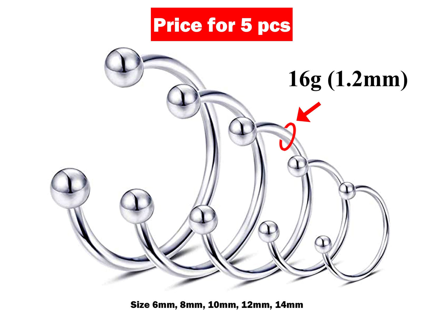 Septum Ring, Horseshoe Barbell- 16g Nose Ring 5pcs Size 6mm to 14mm - Body Piercing for Cartilage Tragus Helix Eyebrow ,Nipple Ear Piercings