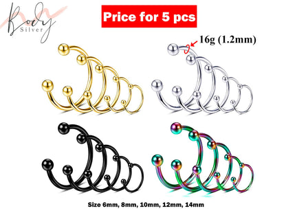 Septum Ring, Horseshoe Barbell- 16g Nose Ring 5pcs Size 6mm to 14mm - Body Piercing for Cartilage Tragus Helix Eyebrow ,Nipple Ear Piercings