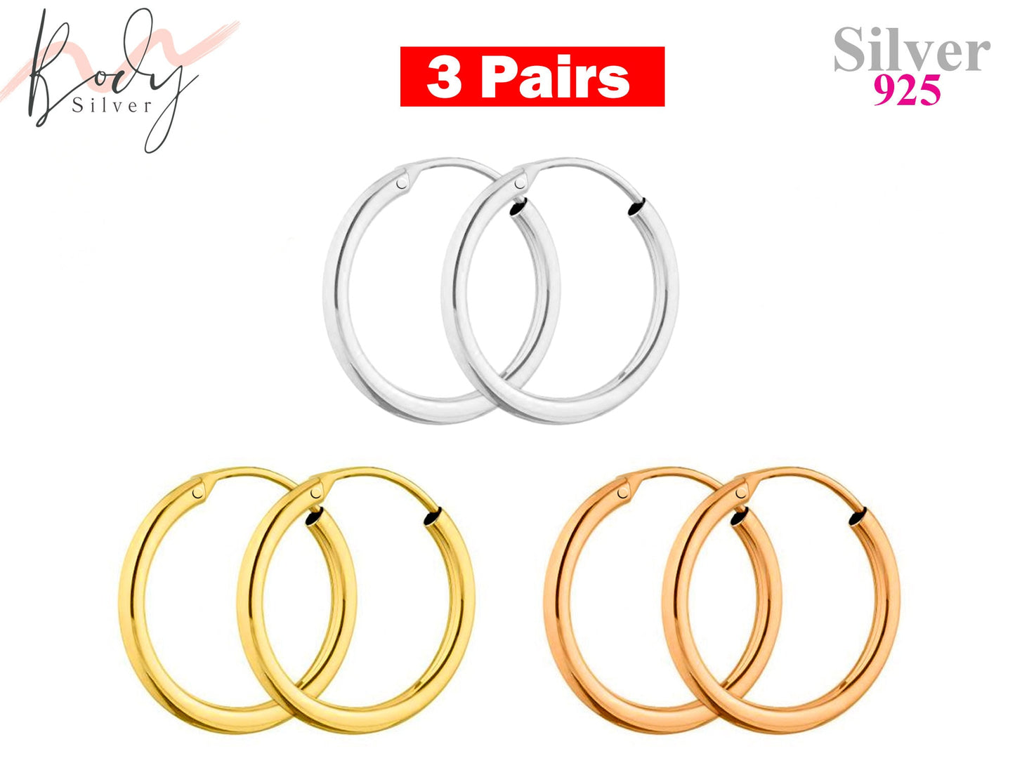 Hoop Earrings, Dainty Earrings - Set of 3 Pairs Unisex Sleeper Hoops in Silver, Gold, Rose Gold - Lightweight Huggie Earrings