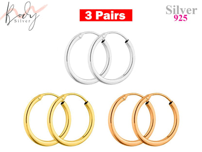 Hoop Earrings, Dainty Earrings - Set of 3 Pairs Unisex Sleeper Hoops in Silver, Gold, Rose Gold - Lightweight Huggie Earrings