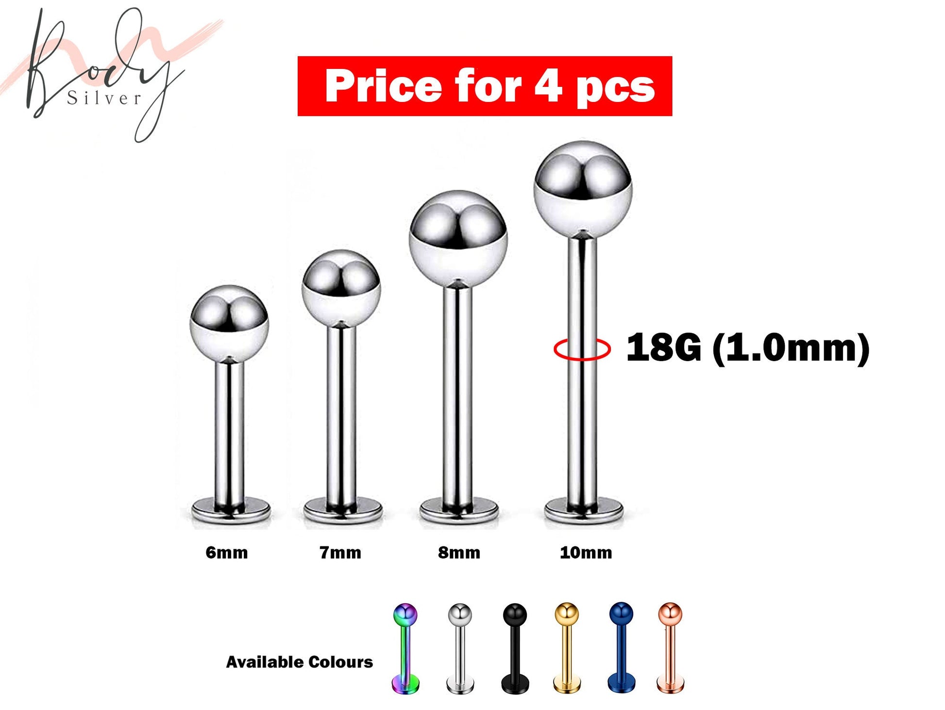 Flat Back Cartilage Earring- 4 Pieces Labret Piercing- 18g - 6, 7, 8, 10mm - Body Piercing for Monroe Lip Ring Tragus Helix Earring Stud