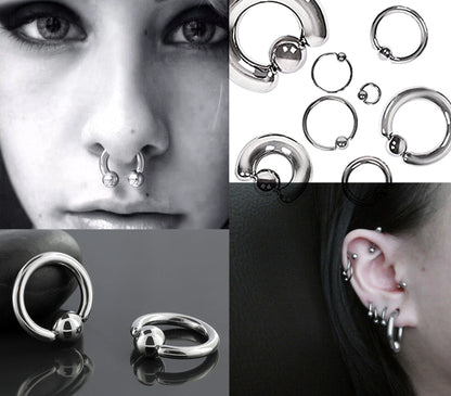 Titanium Ball Hoop Earrings, BCR/CBR Nose Ring with Spring Ball - 18g to 00g Big Gauges Septum Nose Ring Hoop, PA Ring, Earrings