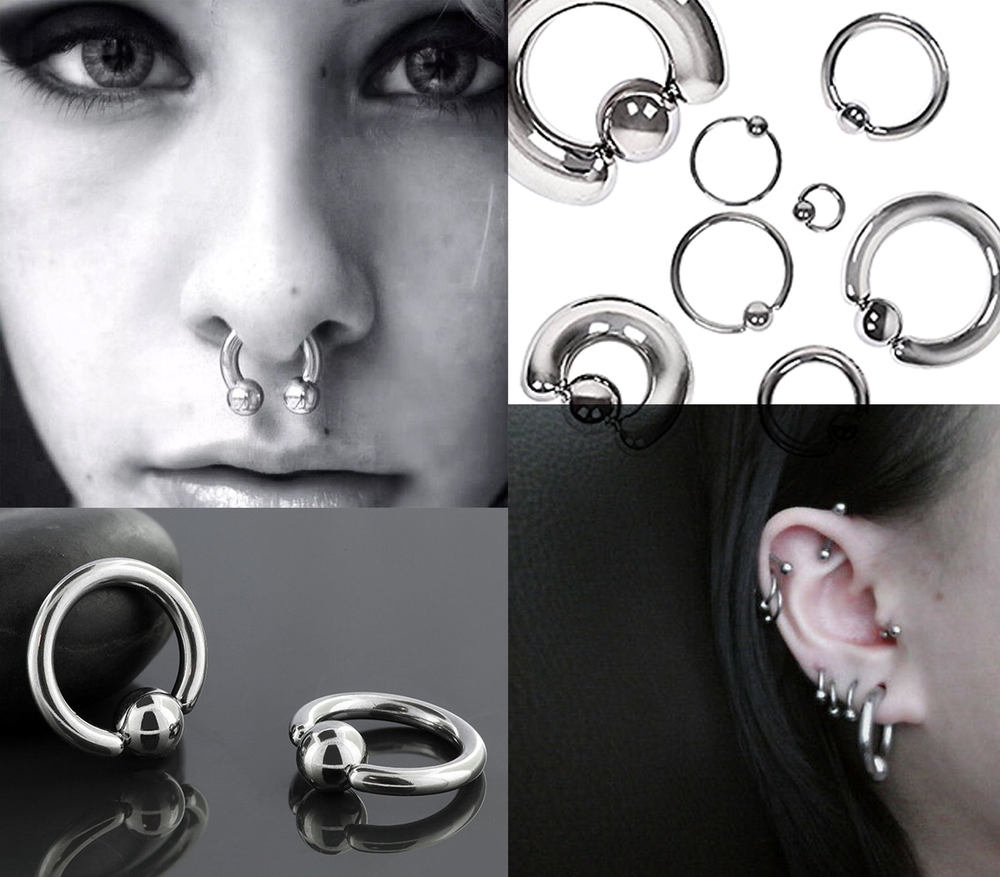 Black Ball Hoop Earrings, BCR/CBR Nose Ring - 18g to 00g Big Gauges with Spring Ball Dainty Nose Ring Hoop, PA Ring - Piercing for Ear, Nose