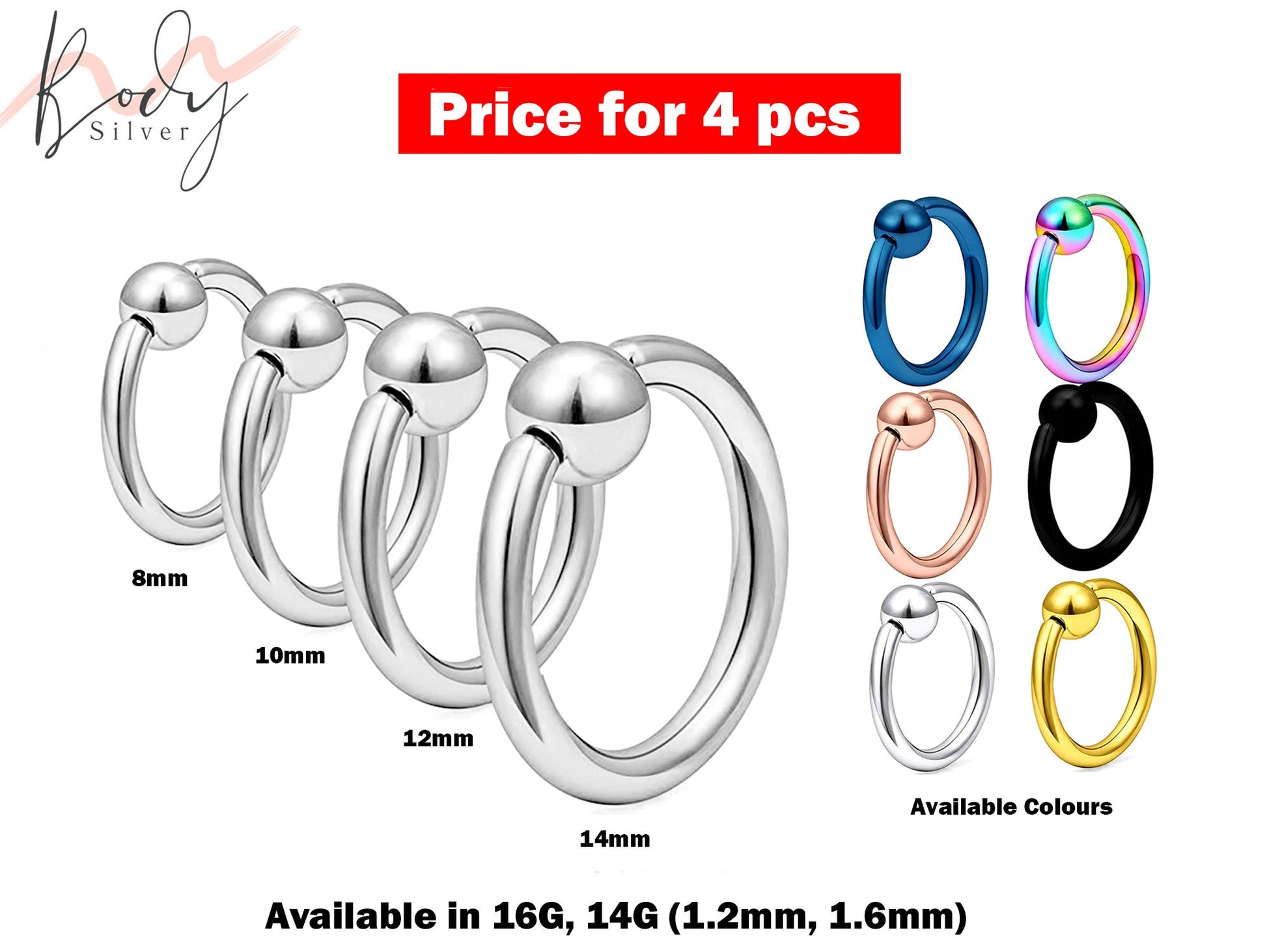 Ball Closure Ring, Septum Ring - 4 Pieces Captive Ring - Size 8, 10, 12, 14mm - Body Piercing for Ear Tragus, Helix Earring Stud ,Daith