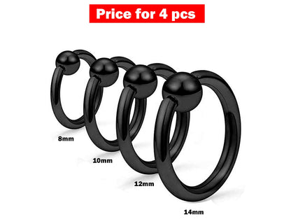 Ball Closure Ring, Septum Ring - 4 Pieces Captive Ring - Size 8, 10, 12, 14mm - Body Piercing for Ear Tragus, Helix Earring Stud