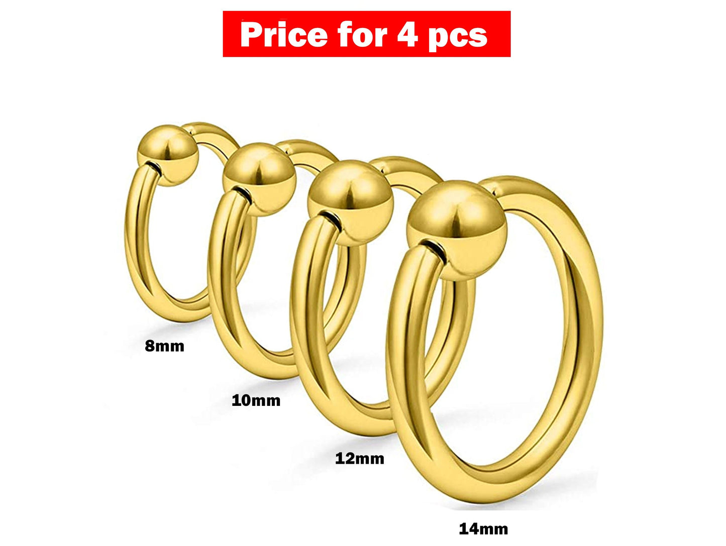 Ball Closure Ring, Septum Ring - 4 Pieces Captive Ring - Size 8, 10, 12, 14mm - Body Piercing for Ear Tragus, Helix Earring Stud