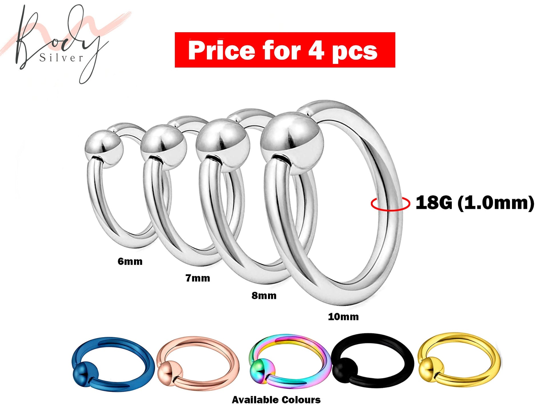 Captive Bead Ring, Septum Ring - 4 Pieces 18G Captive Ring - Size 6, 7, 8, 10mm - Body Piercing for Ear Tragus, Helix Earring Stud ,Daith