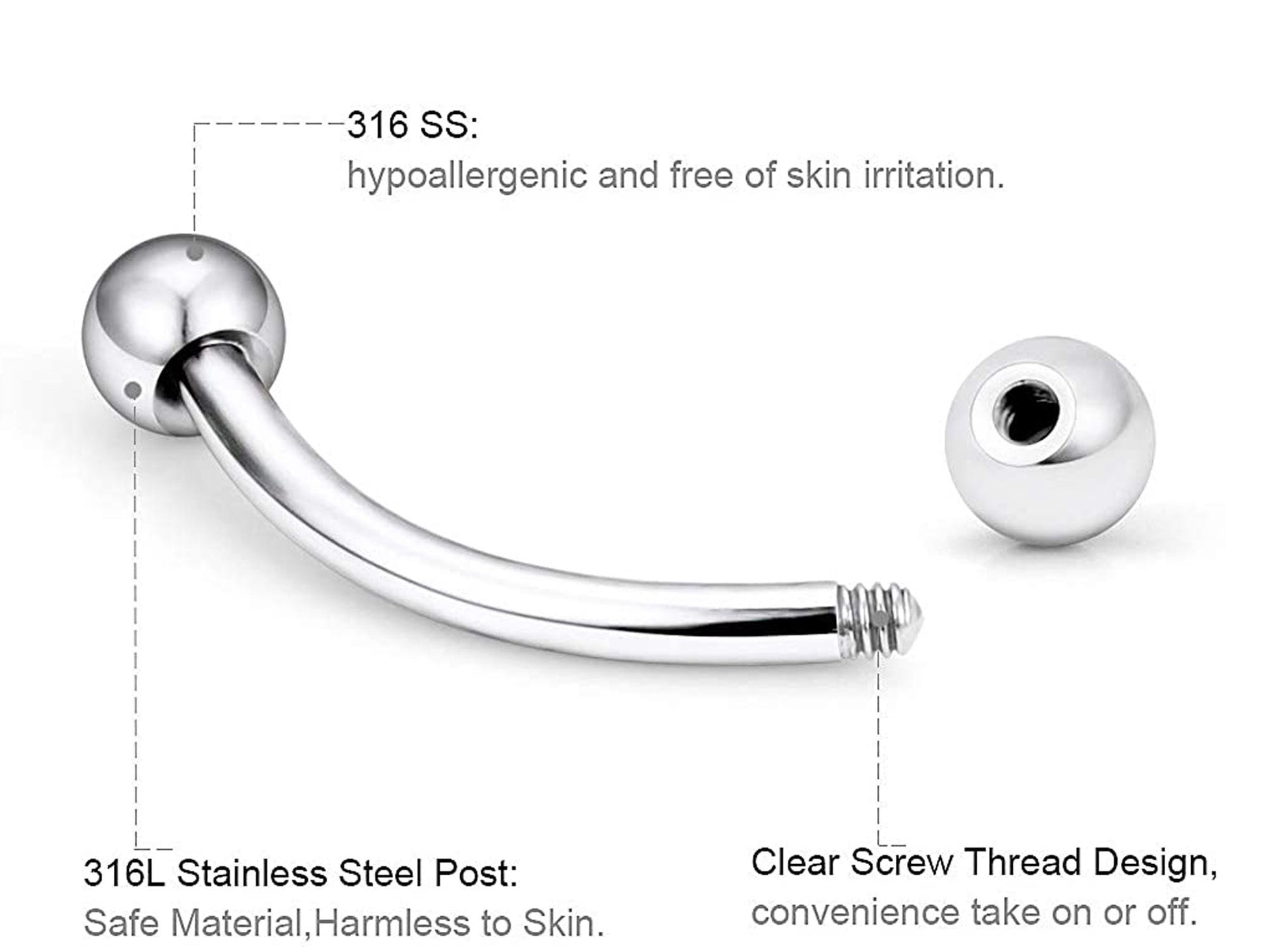 Curved Barbell, Eyebrow Piercing - Bent Barbell Body Piercing for Ear Tragus, Helix Earring Stud ,Daith, Lip, Rook Piercing - Vacuum Plated