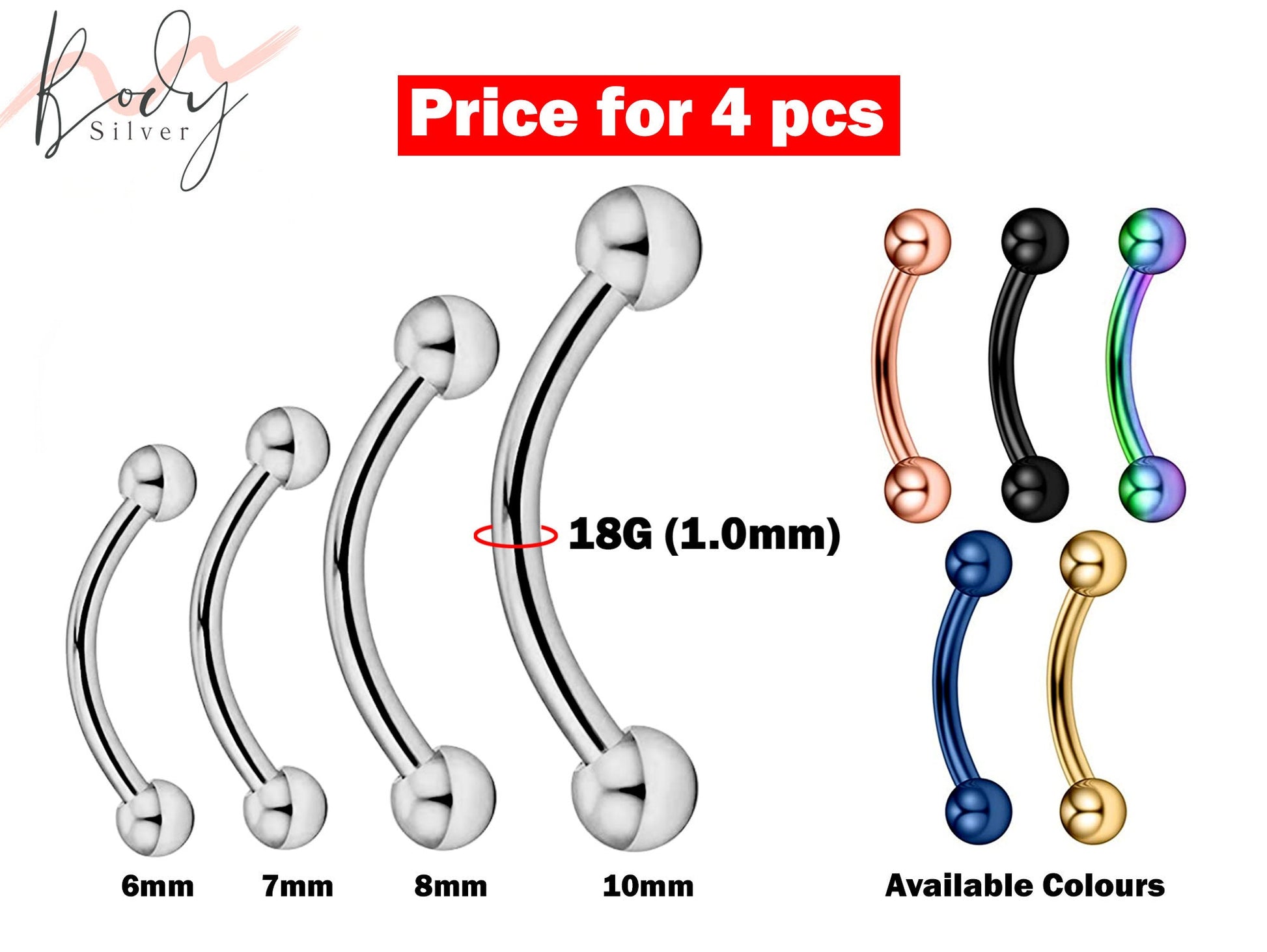 Eyebrow Piercing, Bent Barbell - 4 Pieces Curve Barbell - 6, 7, 8, 10mm - Body Piercing for Ear Tragus, Helix Earring Stud ,Daith and Lip