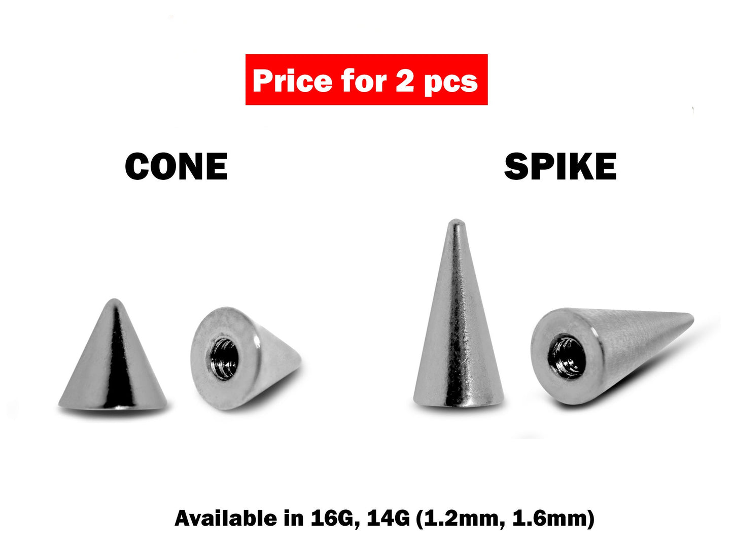 Spike Piercing, Replacement Piercing Parts – 2pcs Spike or Cone Loose Part Attachment for Barbell, Labret, Horseshoe bar Externally Threaded