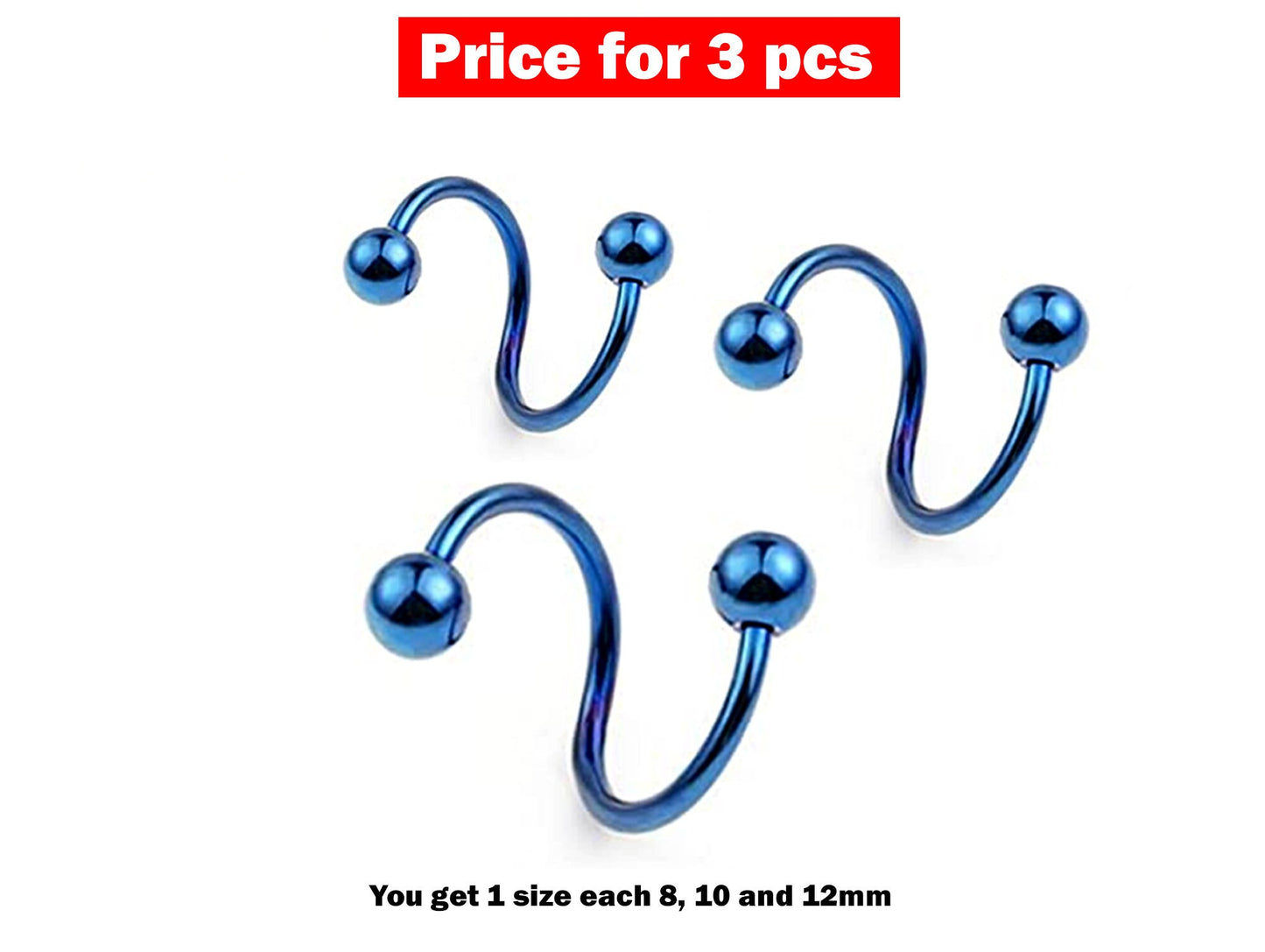 Spiral Barbell, Twisted Barbell - 3 Pieces Eyebrow Piercing - 8, 10, 12mm - Body Piercing for Lip, Helix Earring Stud ,Daith