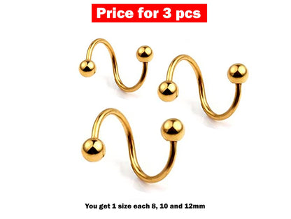 Spiral Barbell, Twisted Barbell - 3 Pieces Eyebrow Piercing - 8, 10, 12mm - Body Piercing for Lip, Helix Earring Stud ,Daith