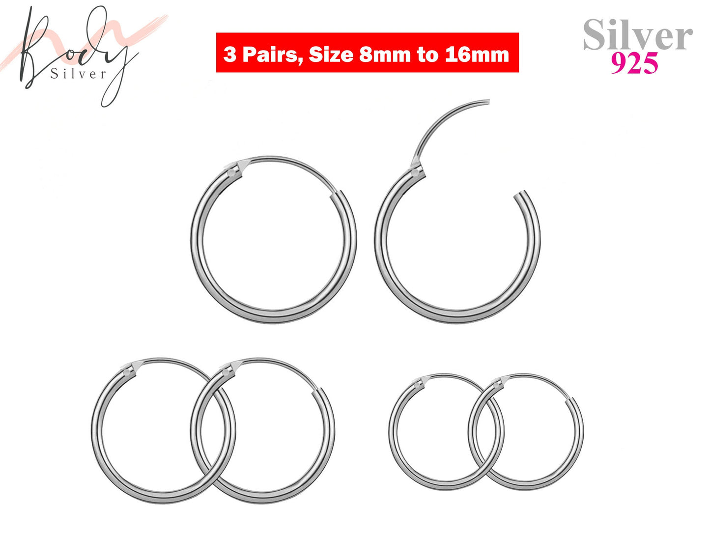 Silver Hoop Earrings - 3 Pairs Unisex Sleeper Hoops for Nose Ring Helix Ring Daith Ring Rook Ring - Available in Gold and Rose Gold