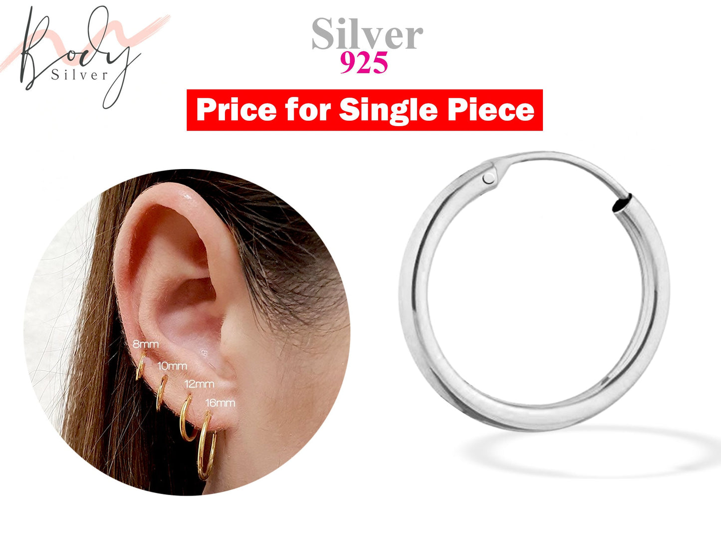 Huggie Earring, Hoop Earring - 1 Piece Unisex Sleeper Hoops From Size 8, 10, 12, 14 and 16mm - Lightweight Round Earrings