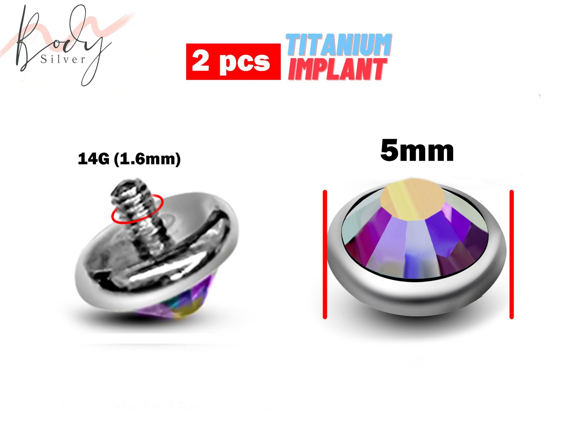 Titanium Dermal Top, Replacement Piercing Parts – 2pcs Dermal Top Crystal Loose Part Attachment for Surface Barbell piercing Implant