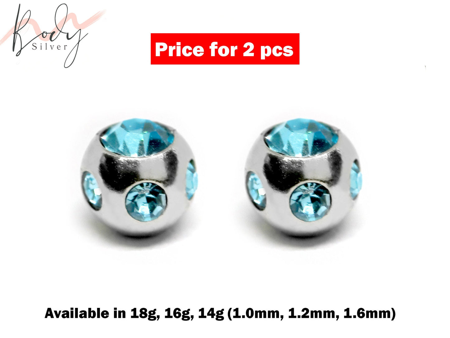 Replacement Piercing Parts Multi Stone Ball Crystal – 2pcs Loose Ball Part - Attachment for Barbell, Labret, Horseshoe Externally Threaded