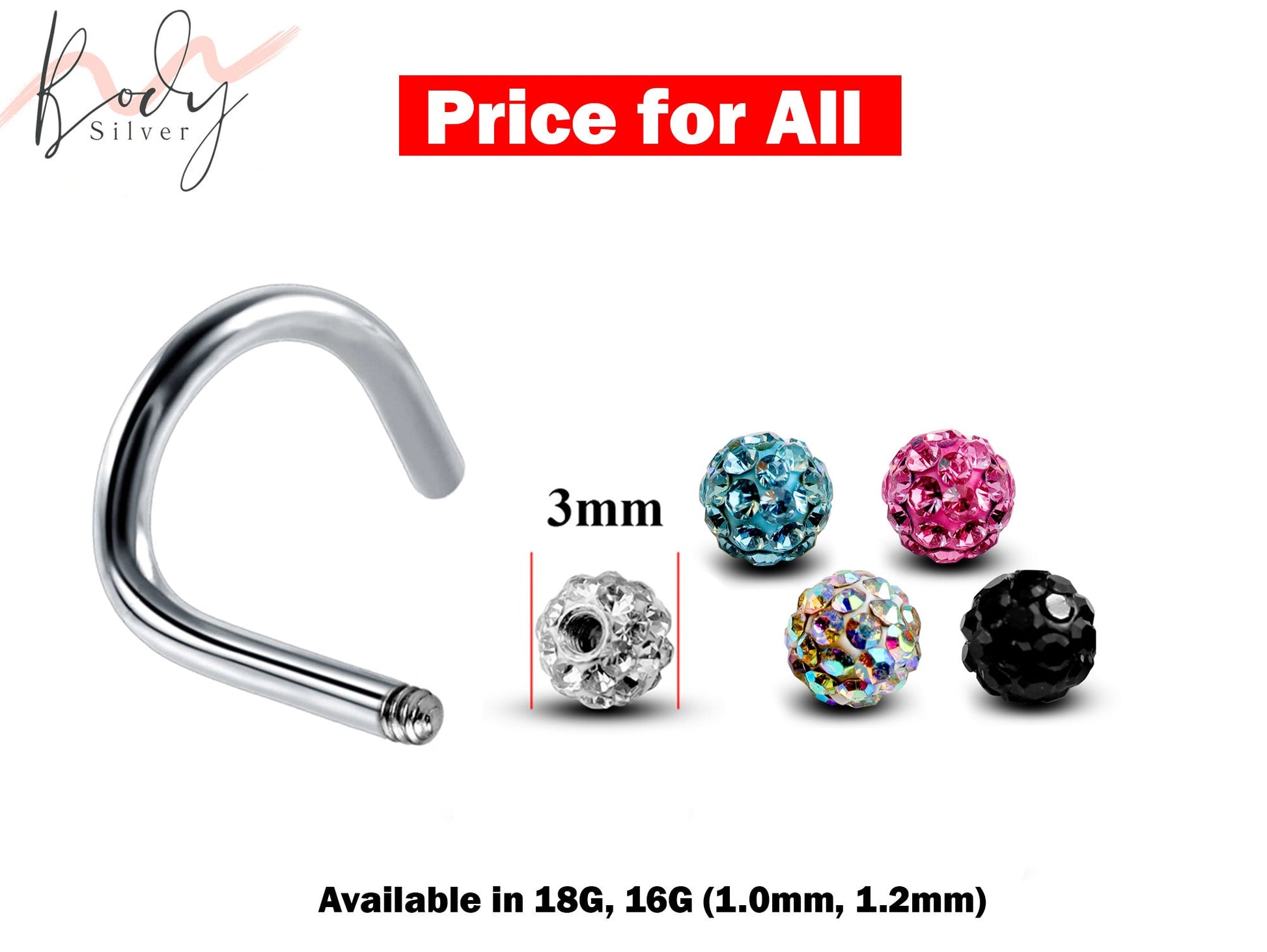 Nose Piercing, Nostril Screw - 5 replacement Balls - Nostril Studs with Ferido Ball CZ Crystals - Body Piercing Nose Jewelry, Nose Pin