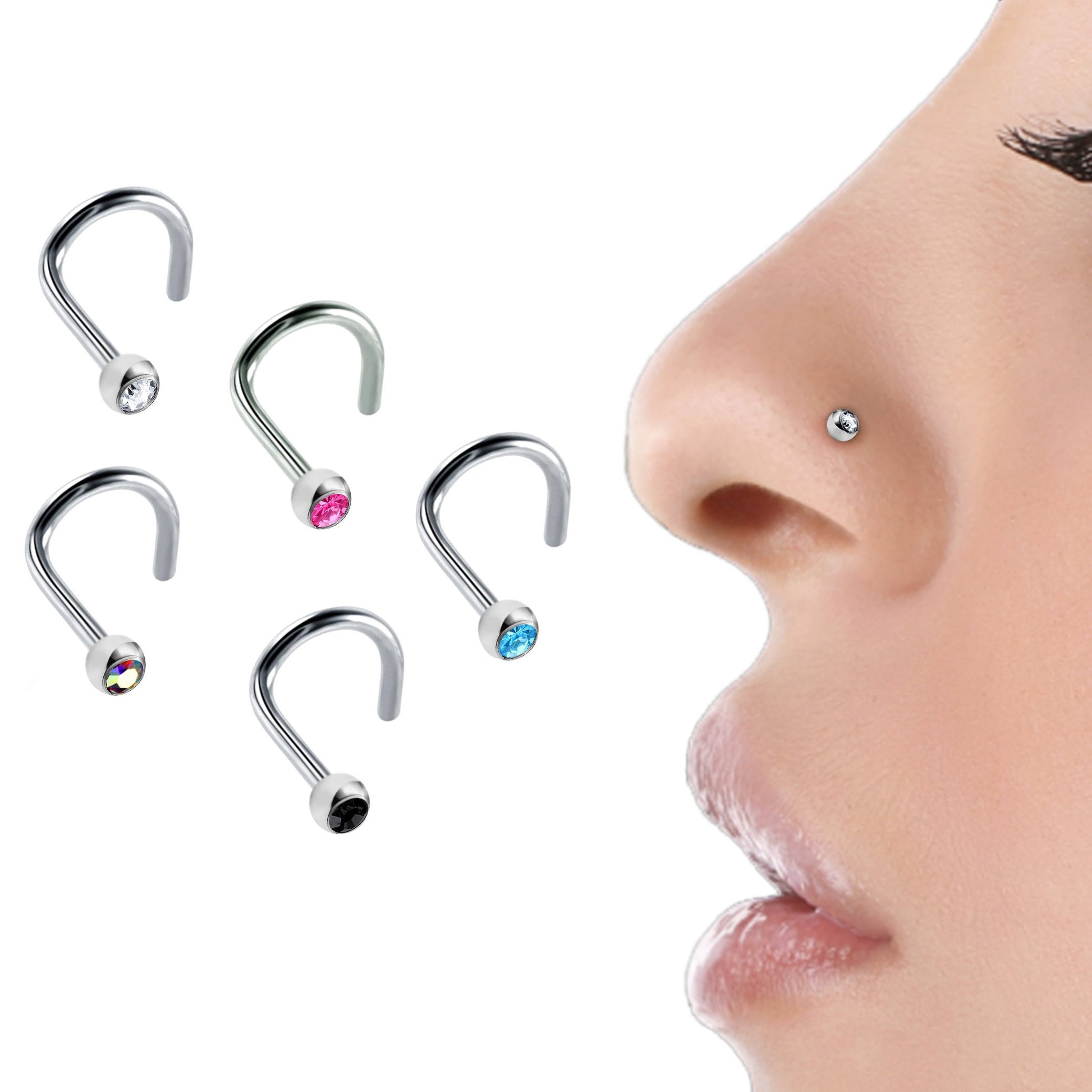 Nose Piercing, Nostril Screw - 5 replacement Gem Balls - Nostril Studs with Crystal Ball CZ - Body Piercing Nose Jewelry, Nose Pin