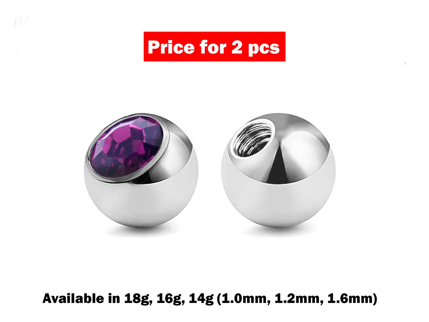 Replacement Piercing Parts Crystal Ball – 2pcs Piercing Gem Ball Loose Part Attachment for Barbell, Labret, Horseshoe Externally Threaded