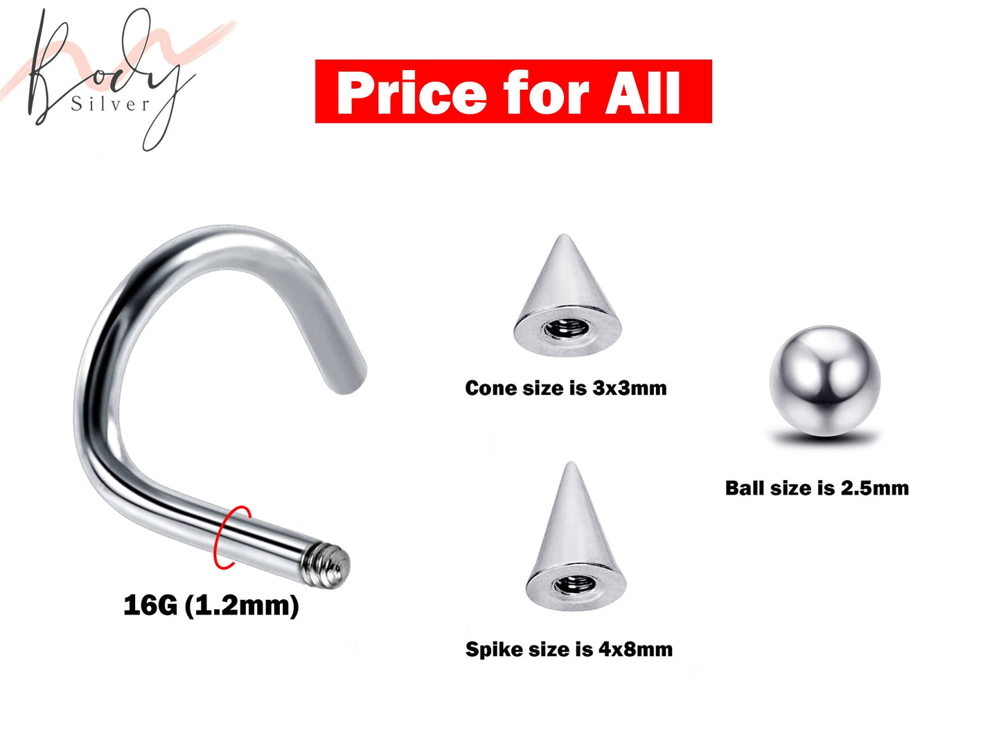 Nostril Screw, Spike Piercing - Ball / Cone / Spike Loose Part and Nostril Studs - Body Piercing Nose Jewelry, Nose Pin, Nose Piercing