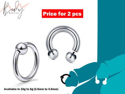 Prince Albert Piercing, Horseshoe PA Ring and Captive Bead Ring – 2pcs Piercing for Genital, Septum Ring, Lip, Nipple Ring – 10g to 00g