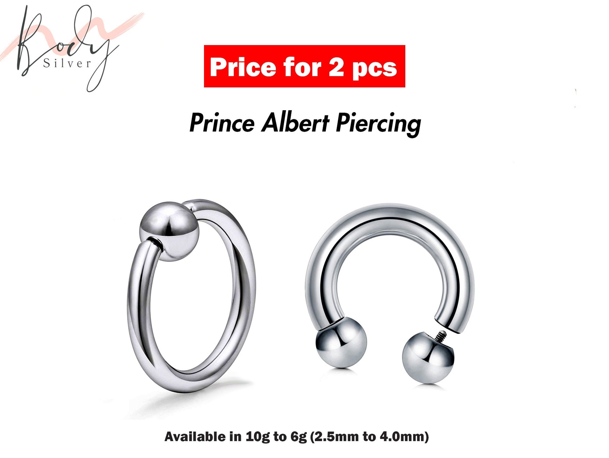 Prince Albert Piercing, Horseshoe PA Ring and Captive Bead Ring – 2pcs Piercing for Genital, Septum Ring, Lip, Nipple Ring – 10g to 00g