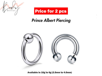 Prince Albert Piercing, Horseshoe PA Ring and Captive Bead Ring – 2pcs Piercing for Genital, Septum Ring, Lip, Nipple Ring – 10g to 00g