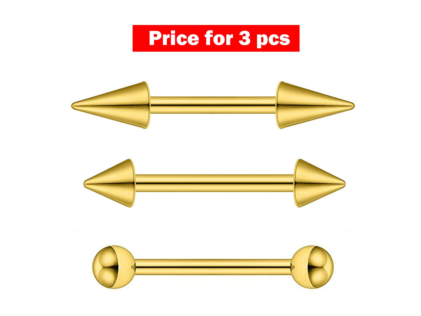 Barbell Stud, Industrial Piercing- 3 Pieces Straight Barbell - Ball / Cone / Spike - Body Piercing for Ear, Tongue piercing, Nipple