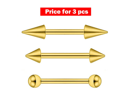 Barbell Stud, Industrial Piercing- 3 Pieces Straight Barbell - Ball / Cone / Spike - Body Piercing for Ear, Tongue piercing, Nipple