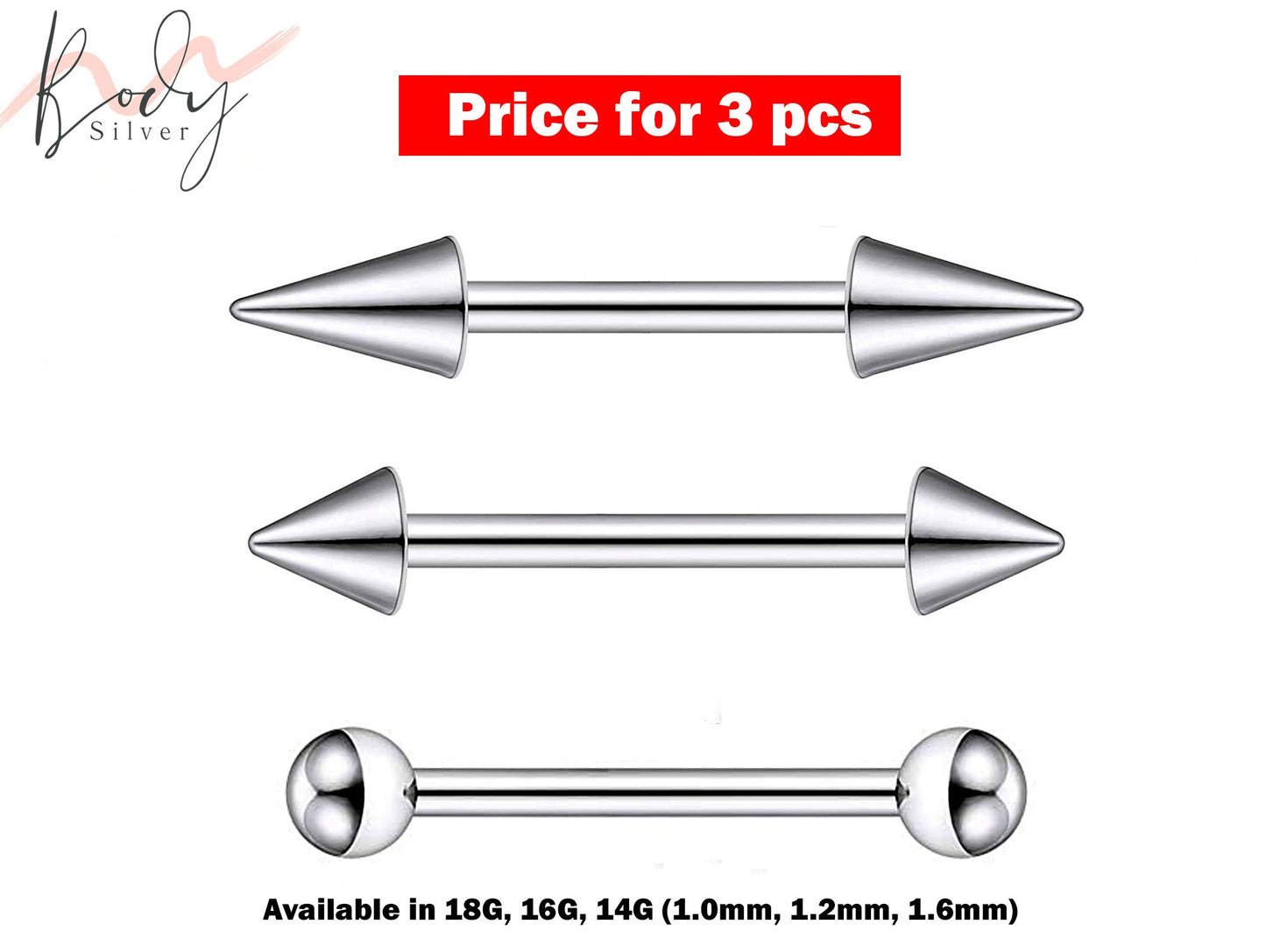 Barbell Stud, Industrial Piercing- 3 Pieces Straight Barbell - Ball / Cone / Spike - Body Piercing for Ear, Tongue piercing, Nipple Piercing