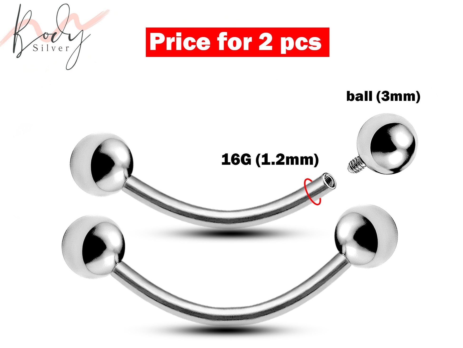 Eyebrow Piercing, Bent Barbell - 2 Pieces Internally Threaded Eyebrow ring - 16G - Piercing for Ear, Belly, Helix Earring Stud ,Daith, Lip