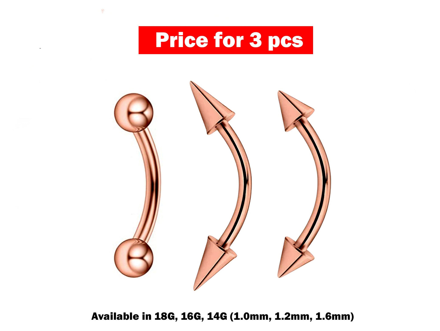 Eyebrow Piercing, Eyebrow Ring - 3 Pieces Bent Barbell - Ball / Cone / Spike - Body Piercing for Ear, Dainty piercing, Lip Piercing