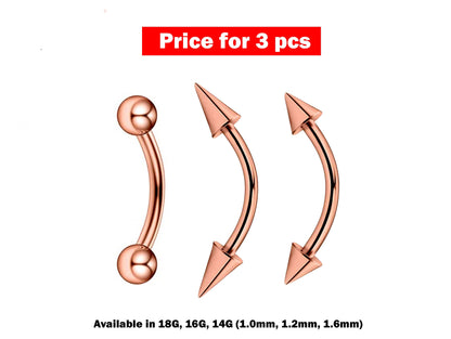 Eyebrow Piercing, Eyebrow Ring - 3 Pieces Bent Barbell - Ball / Cone / Spike - Body Piercing for Ear, Dainty piercing, Lip Piercing