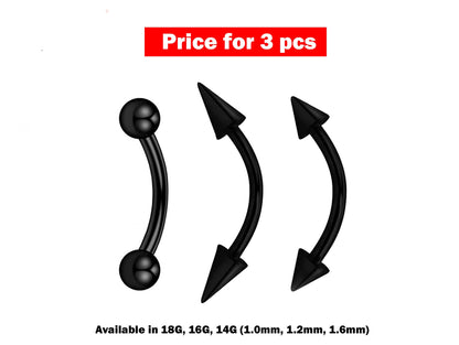 Eyebrow Piercing, Eyebrow Ring - 3 Pieces Bent Barbell - Ball / Cone / Spike - Body Piercing for Ear, Dainty piercing, Lip Piercing