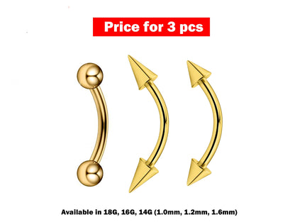 Eyebrow Piercing, Eyebrow Ring - 3 Pieces Bent Barbell - Ball / Cone / Spike - Body Piercing for Ear, Dainty piercing, Lip Piercing