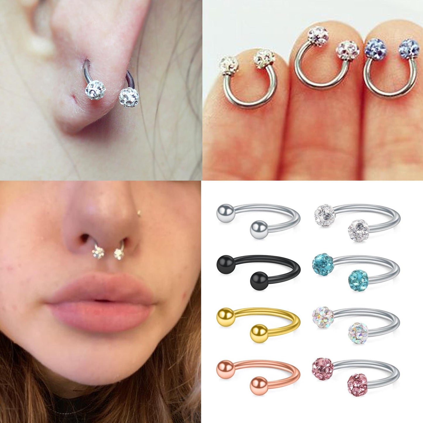 Circular Barbell, Titanium Septum Ring - Nose Ring with Ferido Crystal Ball - Horseshoe Piercing for Tragus Helix Eyebrow ,Nipple Ear