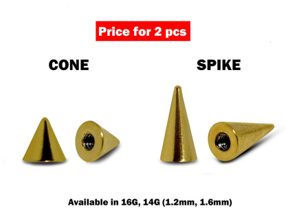 Spike Piercing, Replacement Piercing Parts – 2pcs Spike or Cone Loose Part Attachment for Barbell, Labret, Horseshoe bar Externally Threaded